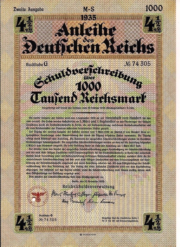 Germany. State 1000 Reichsmarks Loan 1935  with swastika-img-0