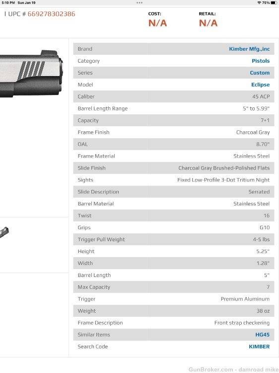 Kimber Custom Eclipse II Target 5” 1911 45 ACP w/Night Sights-img-3