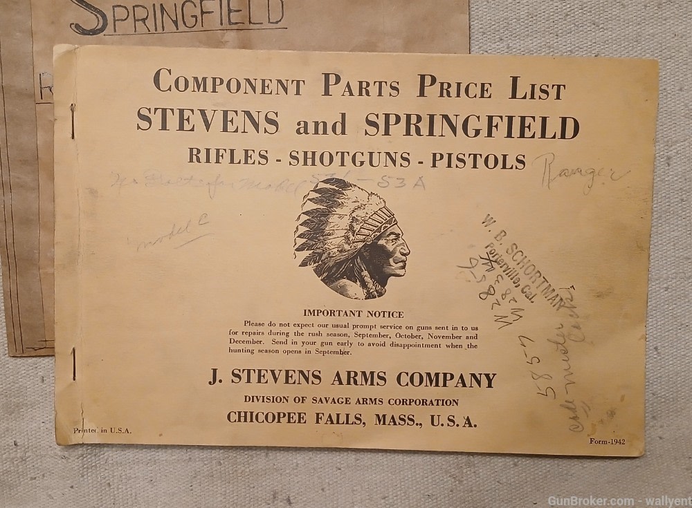 J. Stevens Arms Company 1942 Component Parts Price List Rifles Pistols plus-img-1