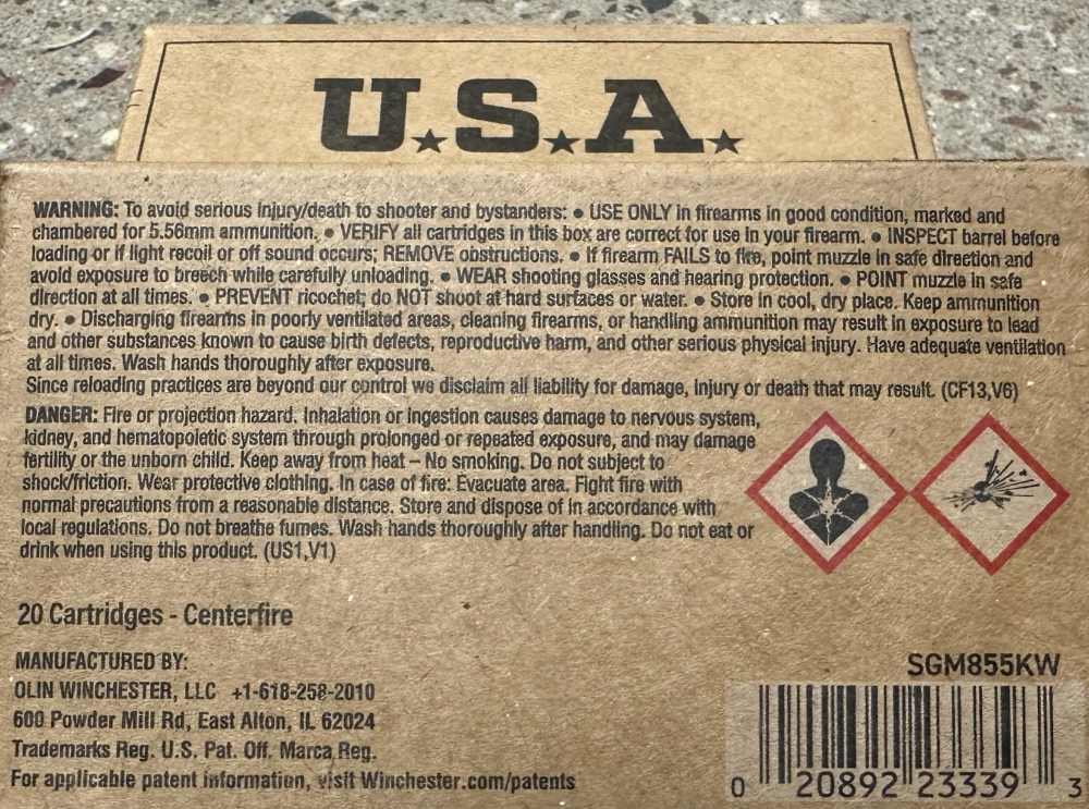 WInchester M855 5.56 62GR FMJ 180RDS SGM855KW 556 180 Rounds USA-img-2