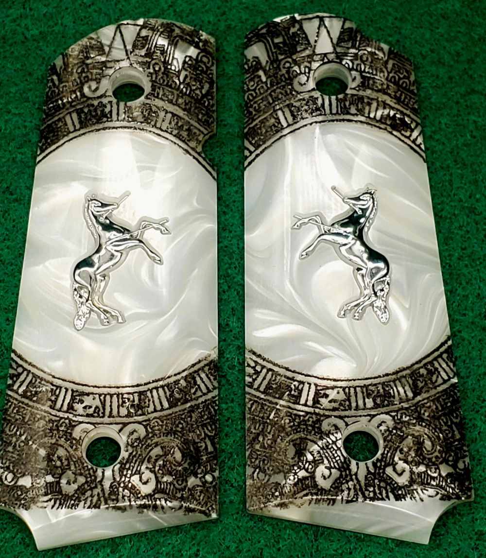 Compact 1911 Faux White Pearl Grips Colt Silver Pony & Aztec Engraving-img-0