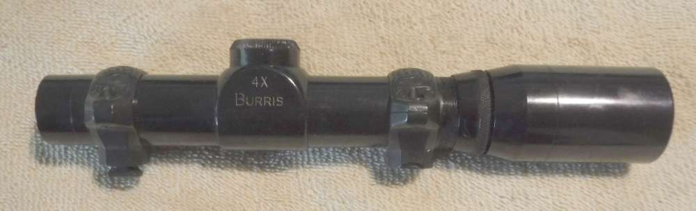 VINTAGE BURRIS "4X" SCOUT-STYLE SCOPE W/ENGRAVED RING SET.  VG+!-img-0