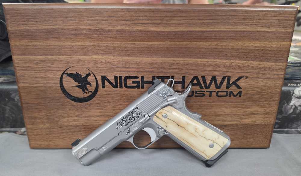 Nighthawk Custom VIP Silver 9MM 4.25" 10RD Engraved Mammoth Grips 1911-img-0
