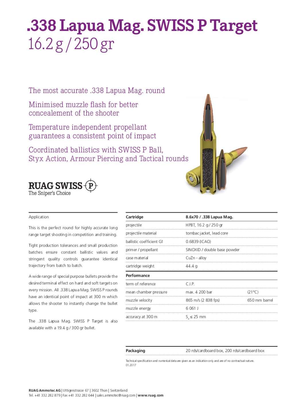 .338 Lapua Magnum Ammo Ruag SWISS P Target 250gr Match Case 200 Rds-img-3