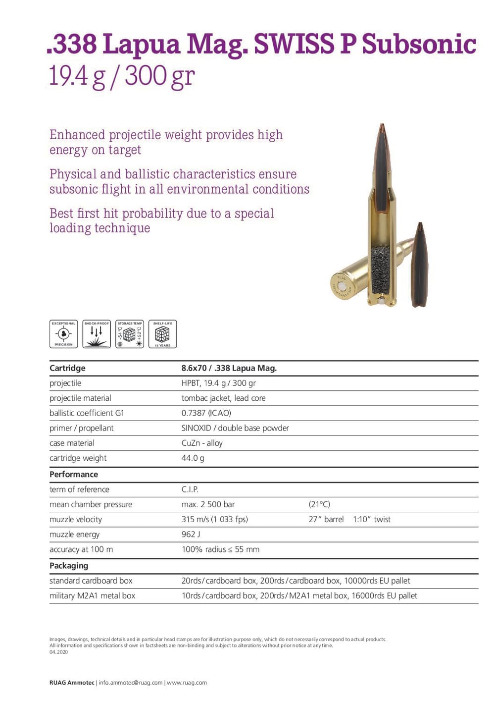 .338 Lapua Magnum Ammo Ruag SWISS P SUBSONIC HPBT 300gr Case 200 Rds-img-2