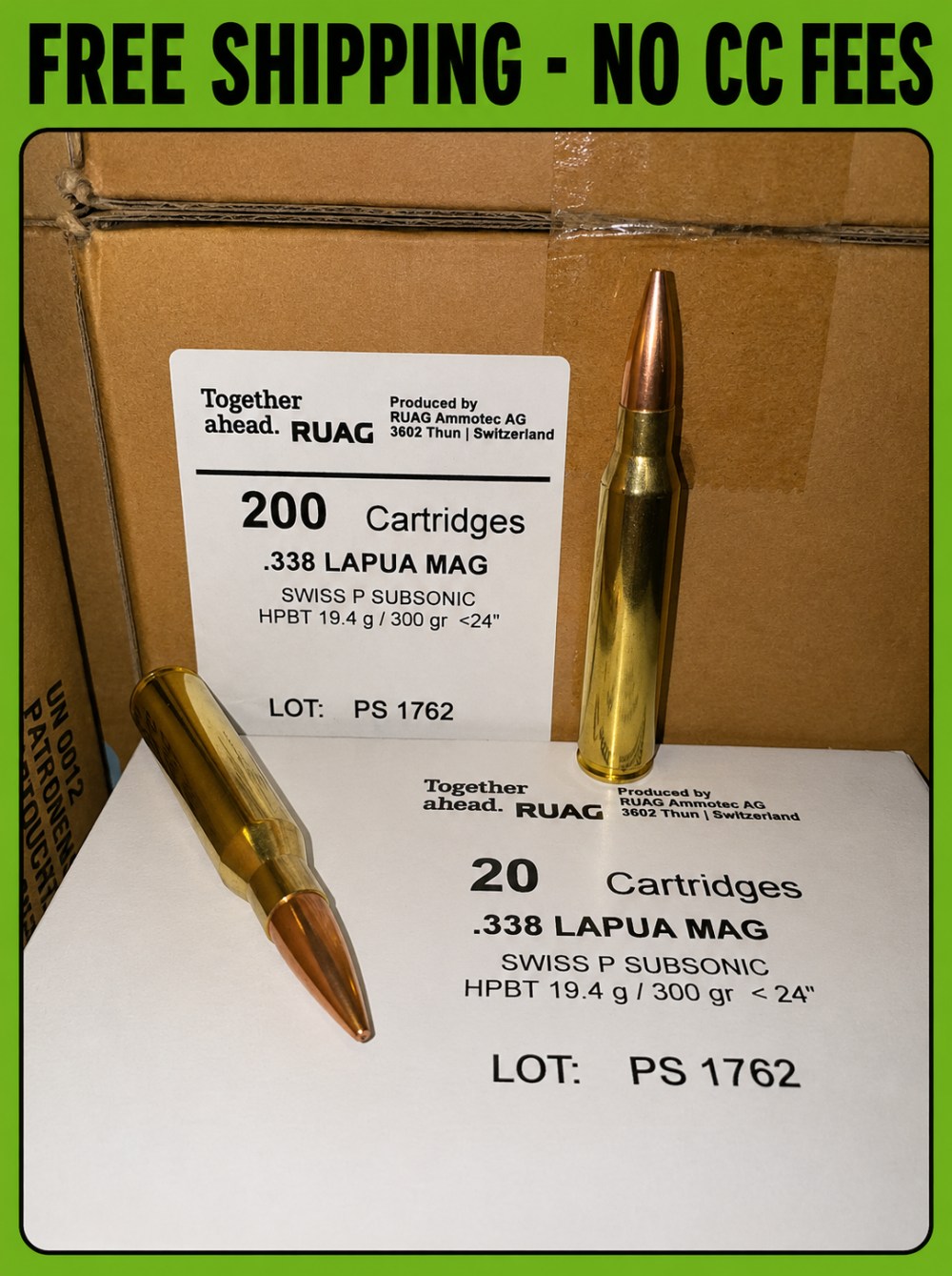 .338 Lapua Magnum Ammo Ruag SWISS P SUBSONIC HPBT 300gr Case 200 Rds-img-0
