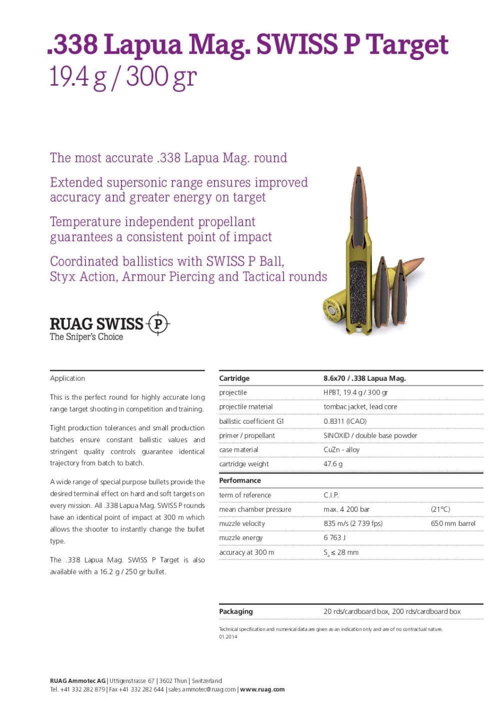 .338 Lapua Magnum Ammo Ruag SWISS P Target 300gr Match Case 200 Rds-img-2