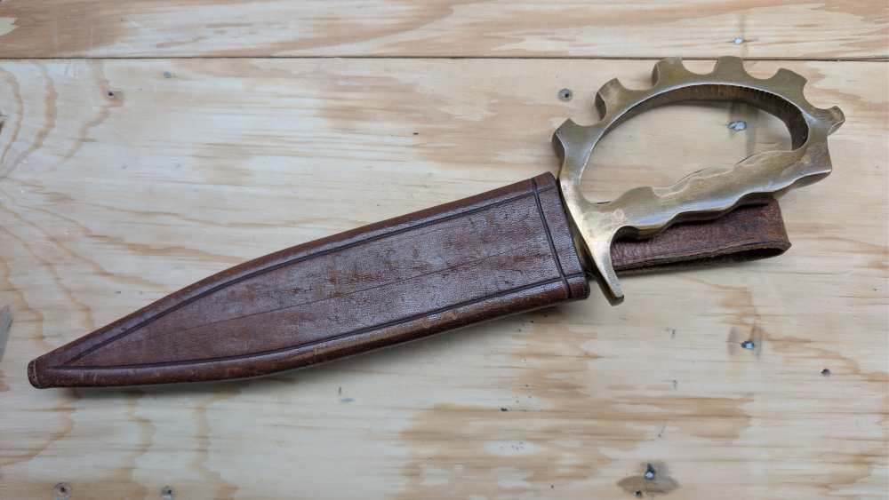 WWII Australian Cogwheel Knuckle Knife D-Guard Trench Bowie & Sheath-RARE-img-18