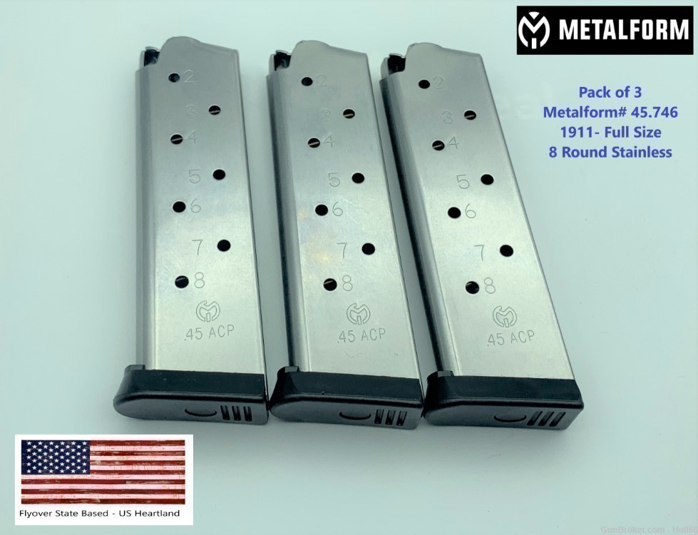 Pack of 3 1911 METALFORM 45.746 FULL-SIZE MAGAZINE .45 ACP AUTO 8 Round SS-img-0