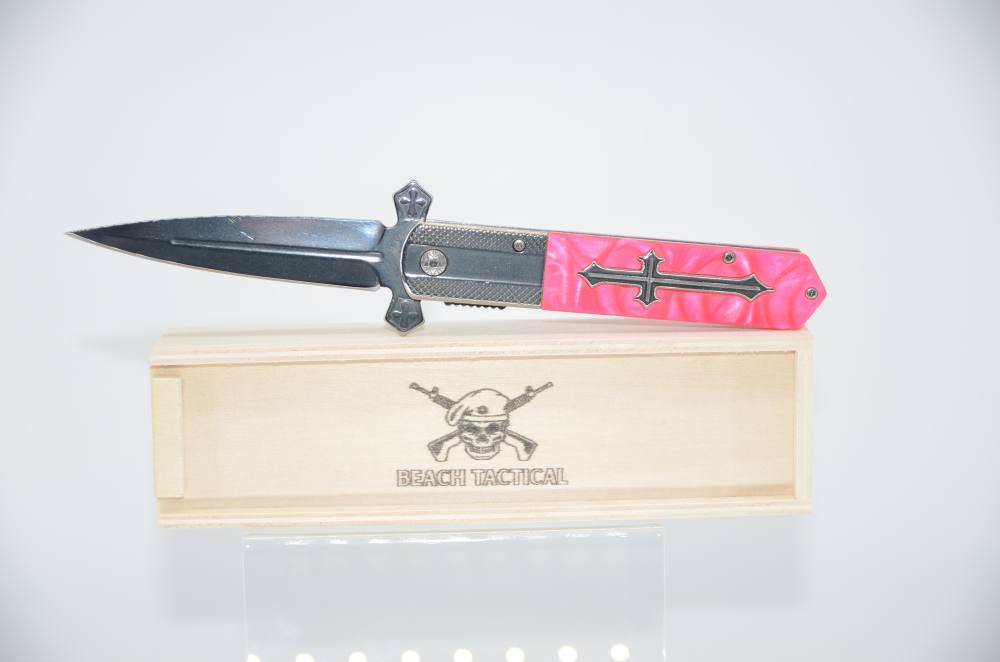 Pink & Silver Tactical CELTIC CROSS Stiletto Spring Assist Folding Knife-img-0