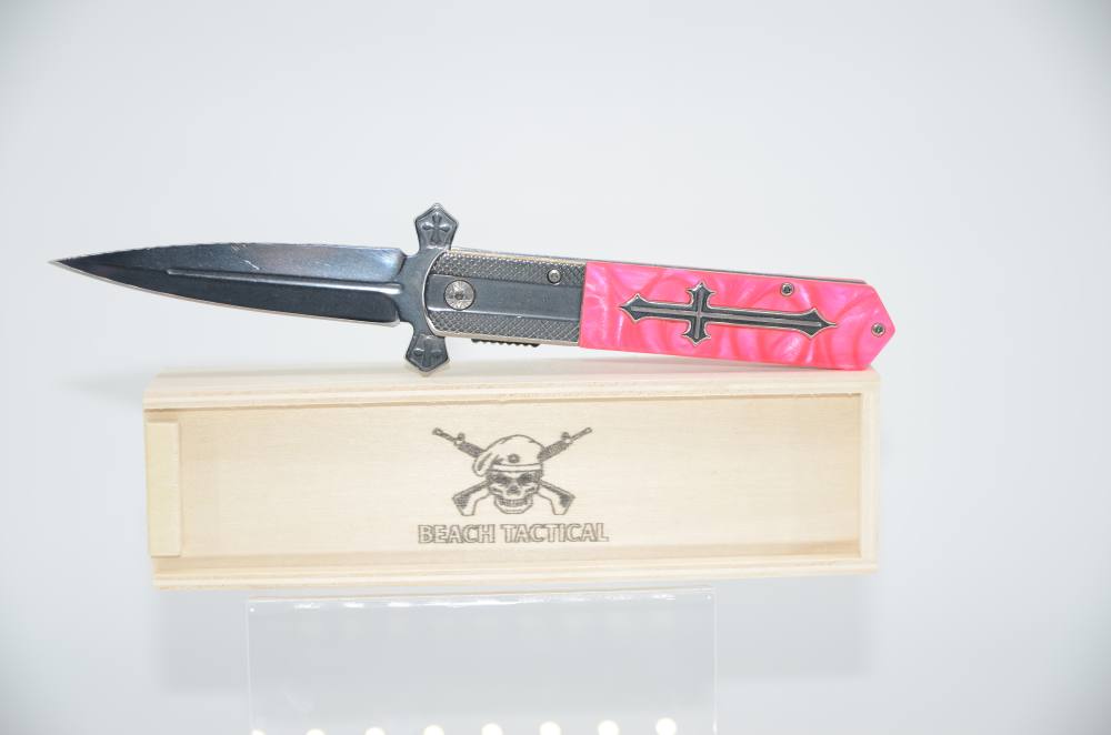 Pink & Silver Tactical CELTIC CROSS Stiletto Spring Assist Folding Knife-img-2