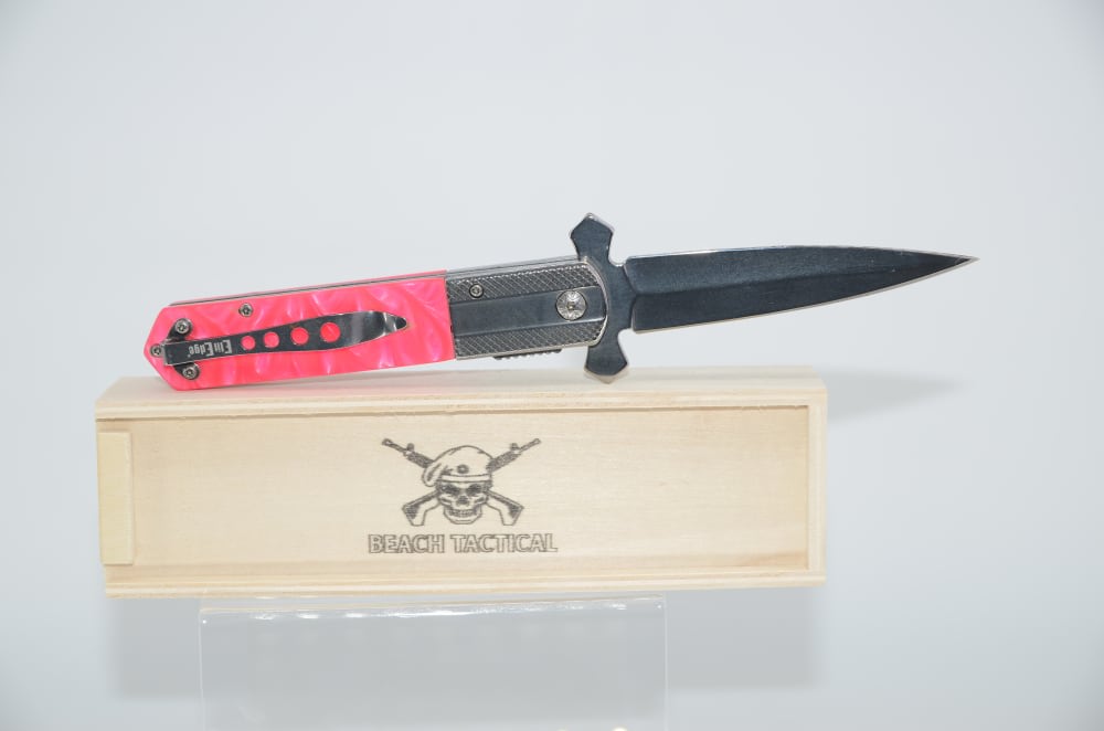 Pink & Silver Tactical CELTIC CROSS Stiletto Spring Assist Folding Knife-img-1