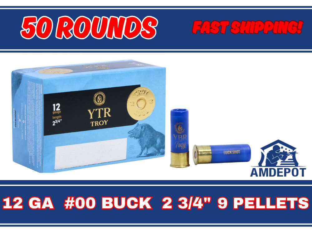 12 Gauge 00 Buck Shot 9 Pellets 2.75" YTR Troy -50 RNDS 12GA Shotgun Shells-img-0