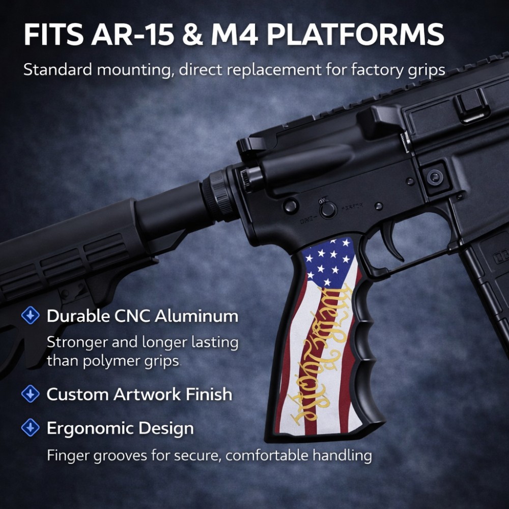 CNC Aluminum AR-15 / M4 Pistol Grip – Ergonomic – “We the People” Flag -img-0