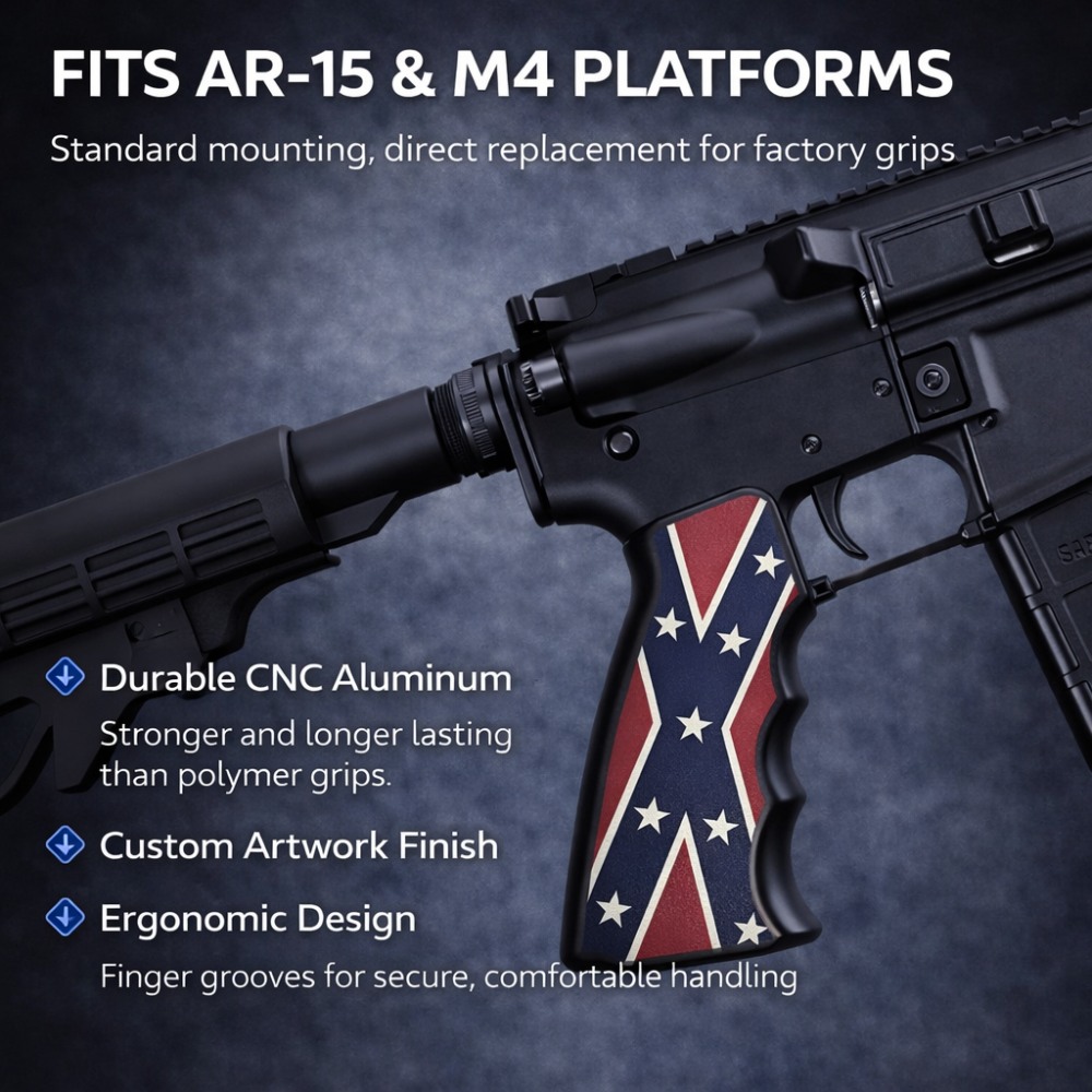 CNC Aluminum AR-15 / M4 Pistol Grip – Ergonomic – Confederate Flag Design-img-0