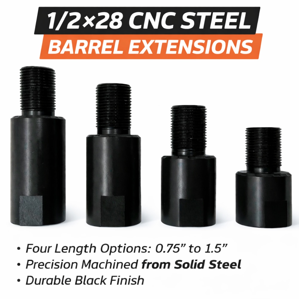 Barrel Extension – 1/2x28 Thread, CNC Steel, Black, 1.5" Length-img-0