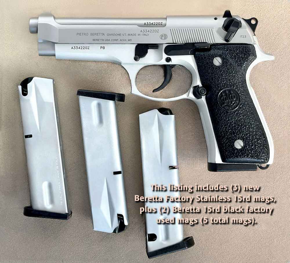 Beretta 92FS INOX 9mm Pistol, JS92F520M Italy, (5) 15rd Mags, LOK Grips-img-6