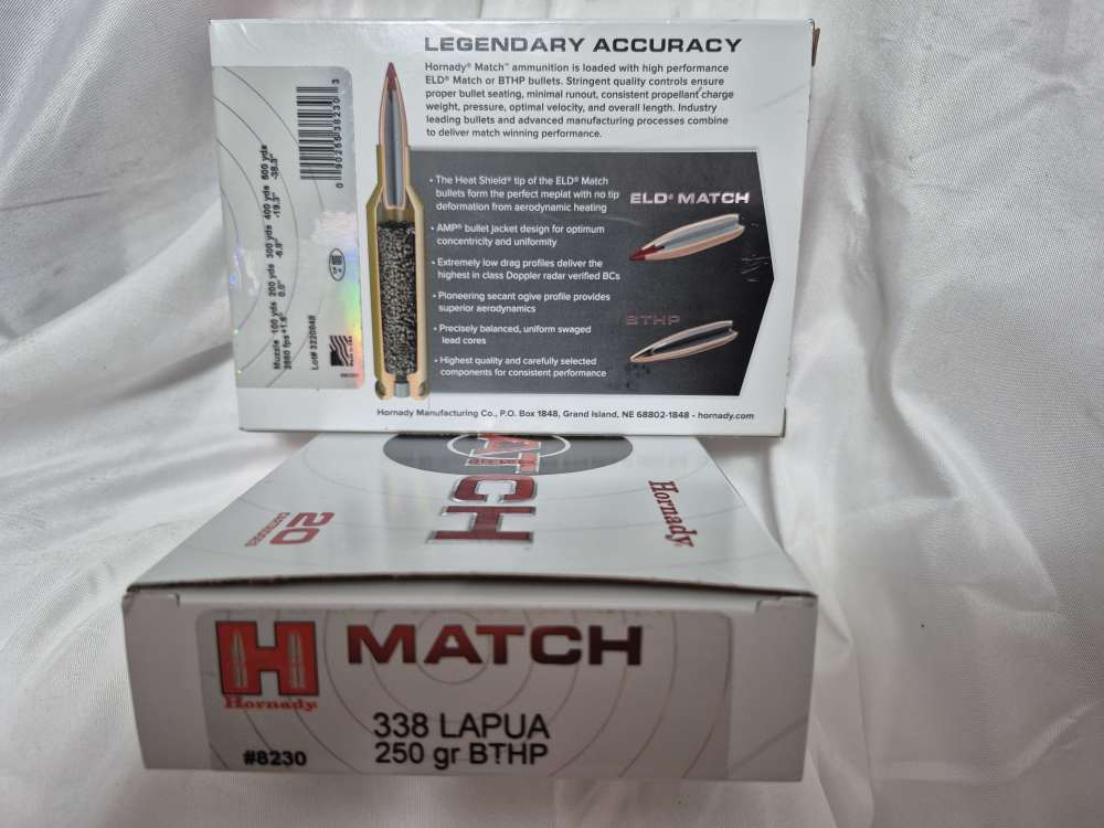 2 Boxes Hornady 338 Lapua Match, 250 gr BTHP, 40 rounds total.-img-1