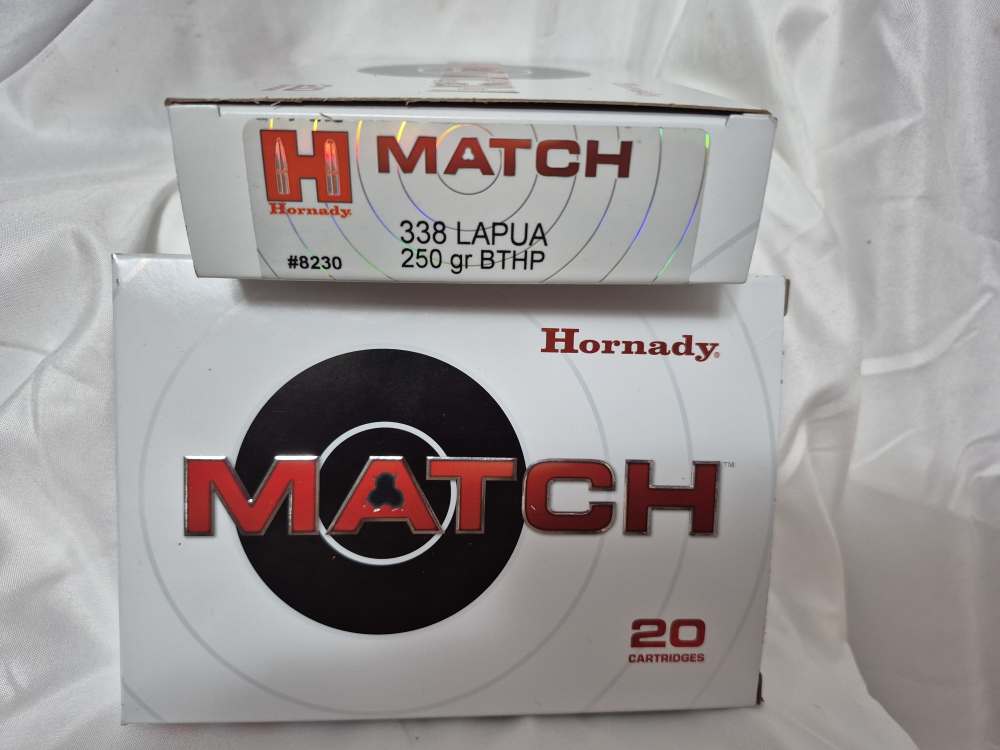 2 Boxes Hornady 338 Lapua Match, 250 gr BTHP, 40 rounds total.-img-0