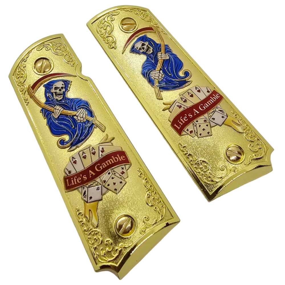 Life's A Gamble Metal 1911 Full Size Grips Gold Finish Ambi Cut Premium-img-2