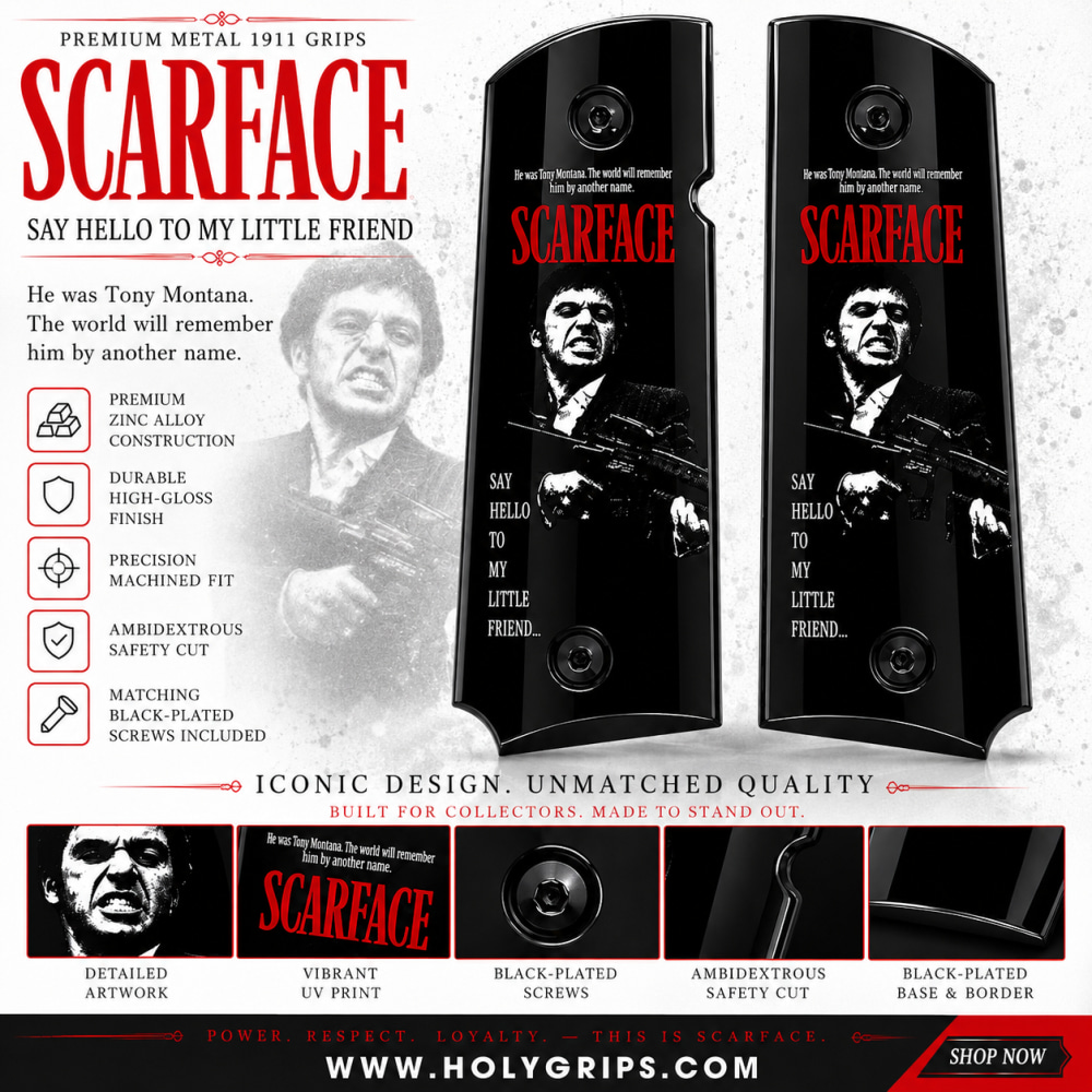 Scarface Metal 1911 Full Size Grips Black Finish Ambi Cut Premium-img-0