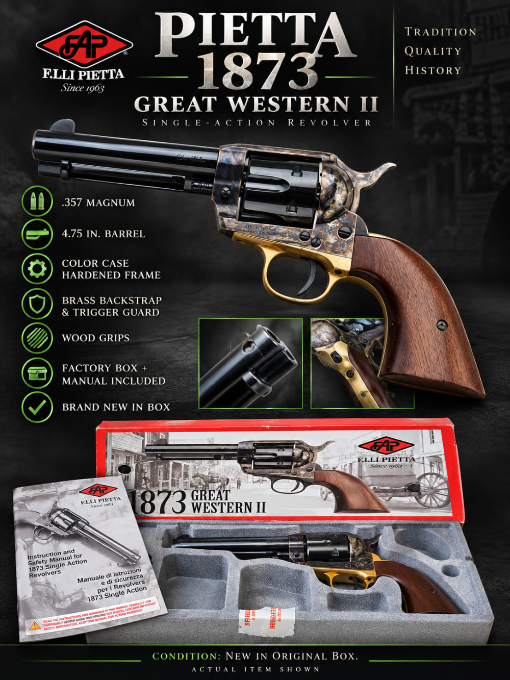 Pietta 1873 Great Western II .357 Magnum 4.75" CCH/Brass NIB-img-0