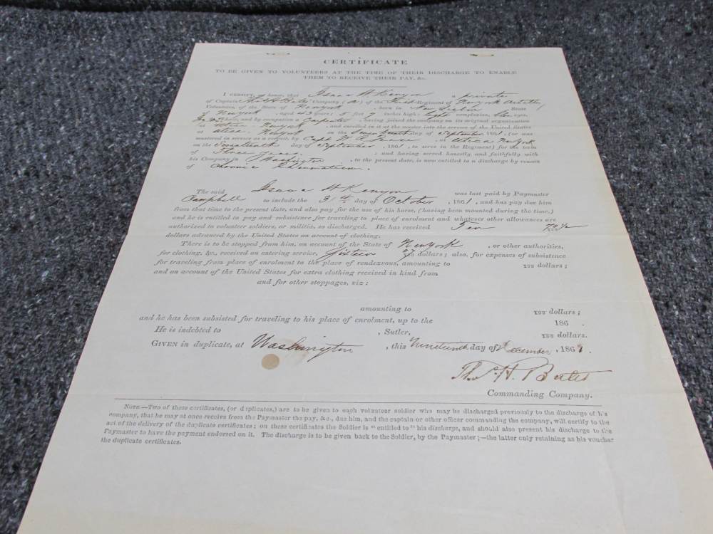 ORIGINAL CIVIL WAR US ARMY DISCHARGE DOCUMENT-DECEMBER 1861-1st NY Vol. Art-img-0