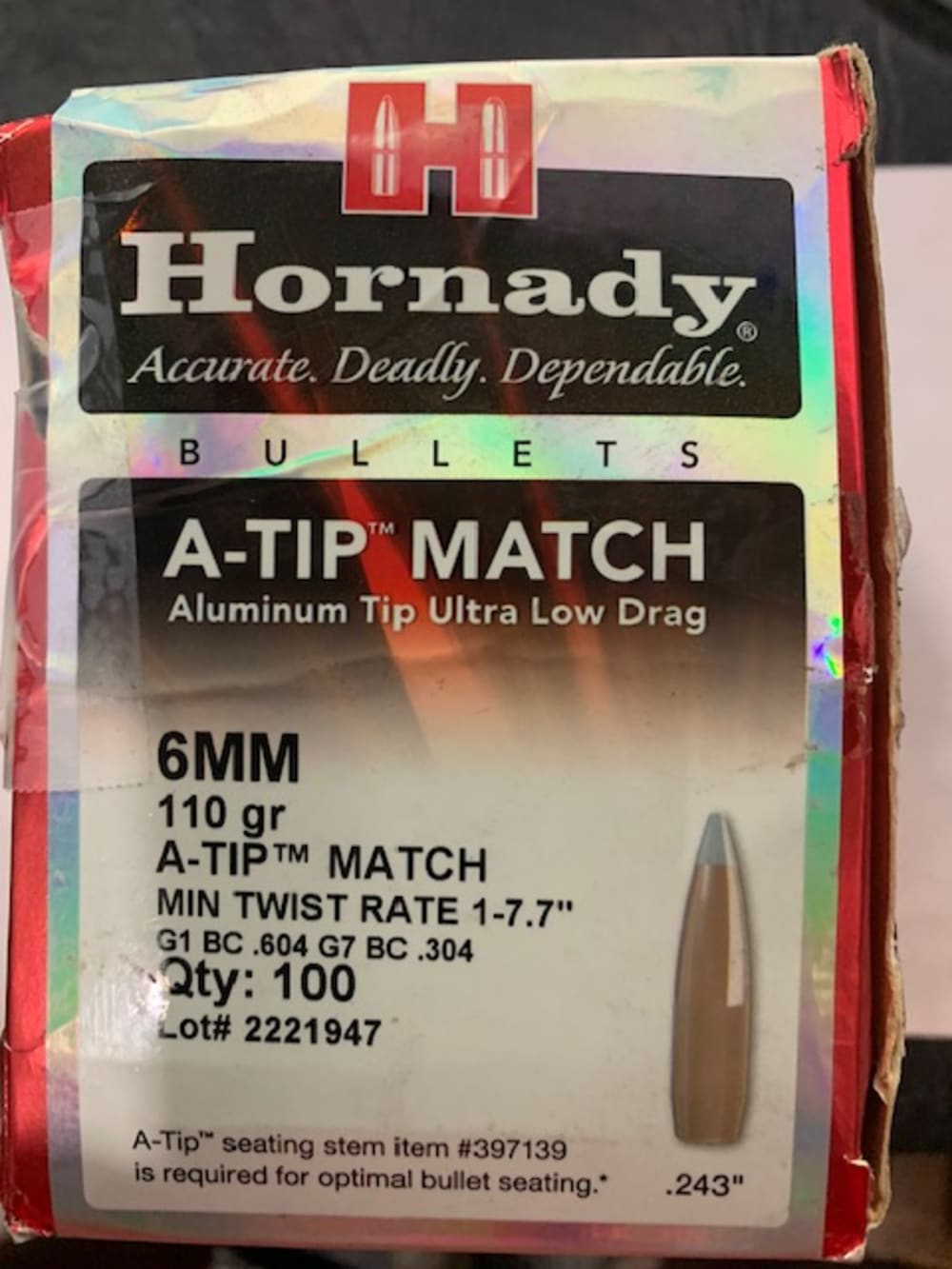 100 Count Hornady 6mm 110gr A-Tip Match part 24531-img-0