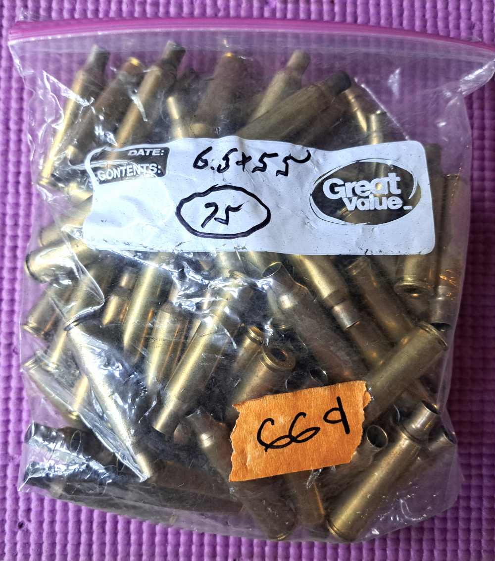 Seventy Five 6.5 x 55mm Swedish Brass Casings -img-0
