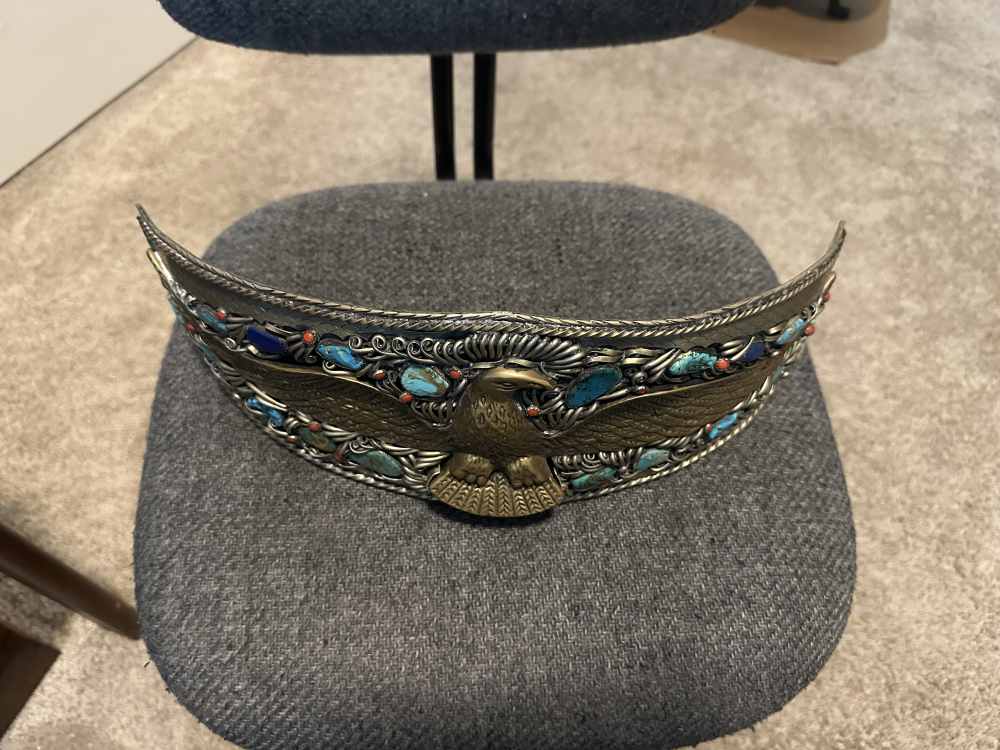 NATIVE American VERY Large and Heavy Silver Antique hand-made Eagle Belt Bu-img-2
