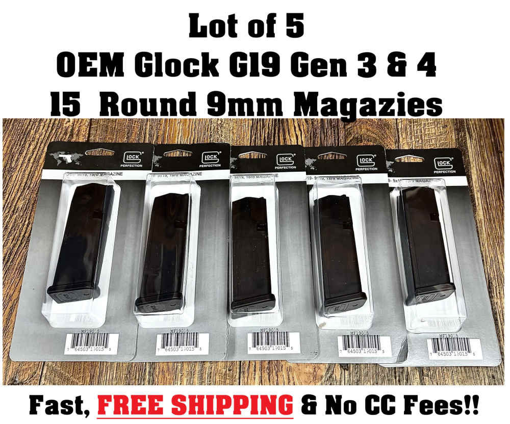 Lot of 5 Glock Gen 3 & 4 G19 & G26 OEM 15 Round 9mm Magazines Mag Clip-img-0