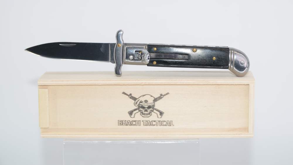 Black Wood Handle Automatic Lever Lock Stiletto Switchblade Knife-img-1