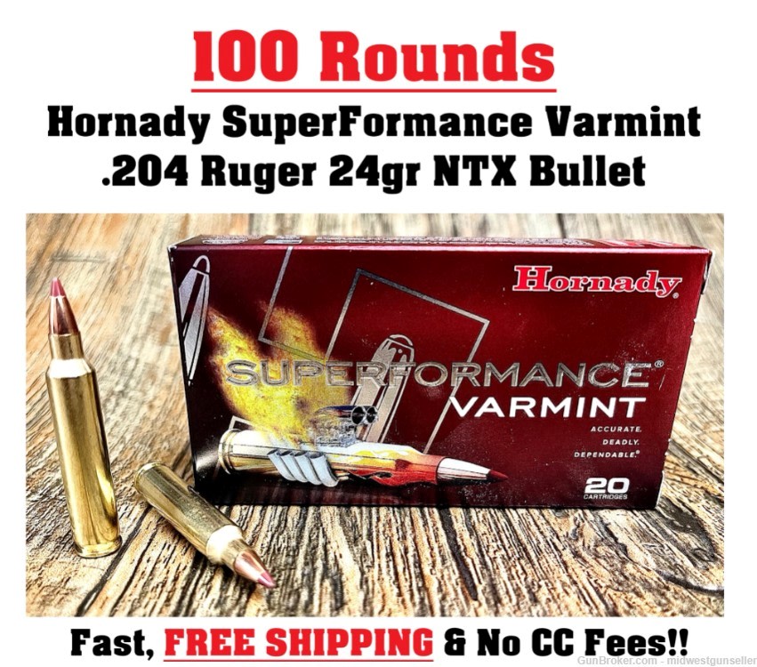 100 Rounds Hornady SuperFormance Varmint .204 Ruger 24gr NTX Hunting Ammo-img-0