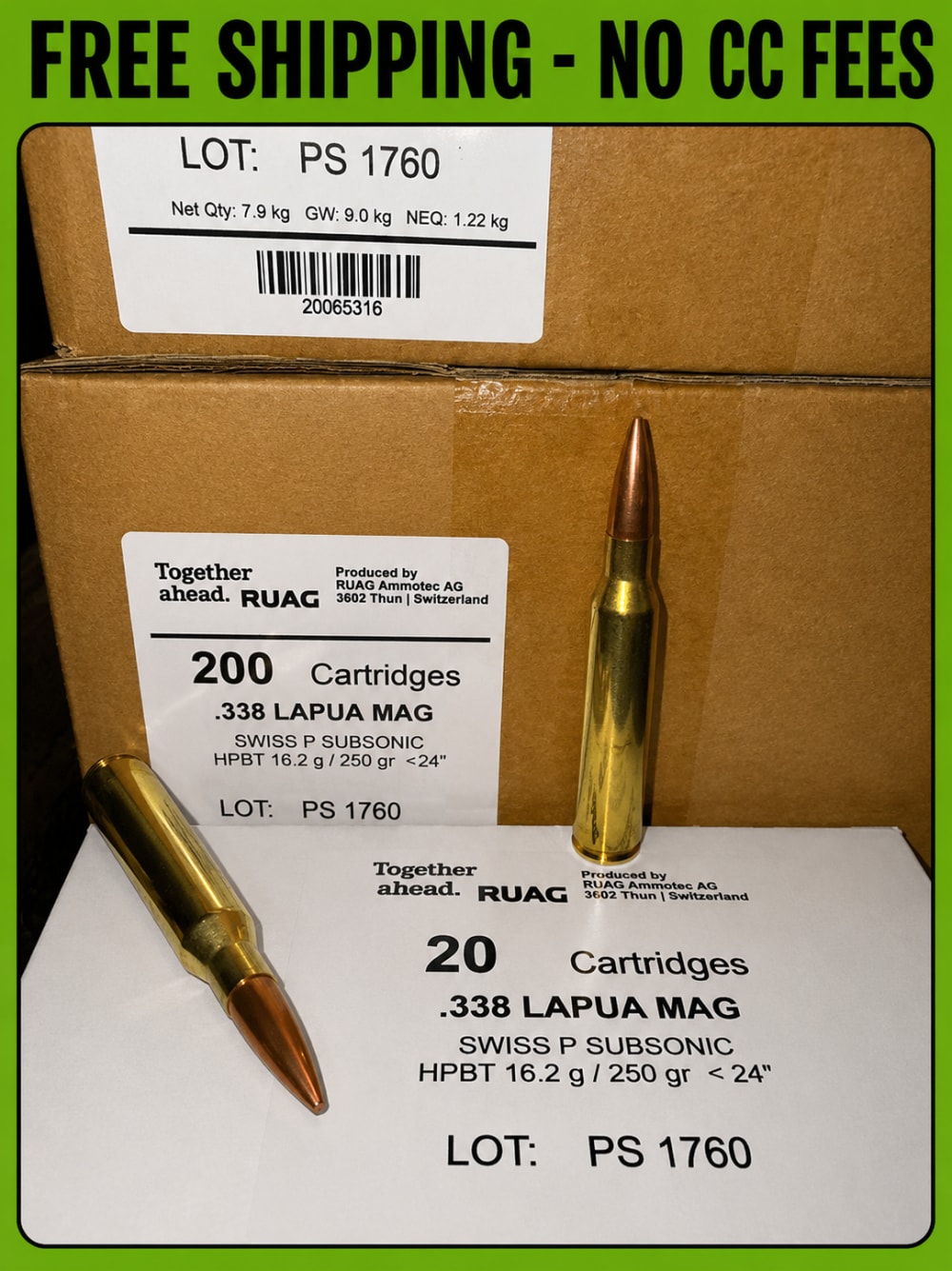 .338 Lapua Magnum Ammo Ruag SWISS P SUBSONIC HPBT 250gr Case 200 Rds-img-0