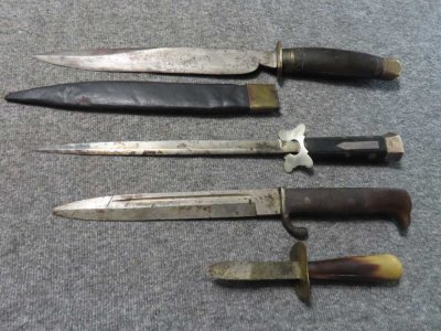 4 KNIVES-LOCAL MADE, SMALL DAGGER AND  GERMAN DRESS BAYONET