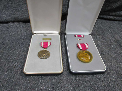2-U.S. MERITORIOUS SERVICE MEDALS/RIBBONS/LAPEL PINS IN CASES