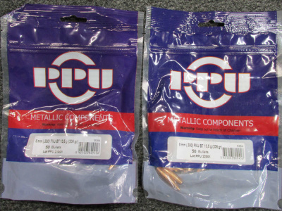2 BAGS, 100 PIECES, PPU MADE 8mm (.330) FMJ BT BULLETS FOR RELOADING