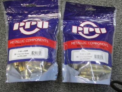 2 BAGS, 100 PIECES PPU MADE 7.62x54R CALIBER NEW BRASS FOR RELOADING
