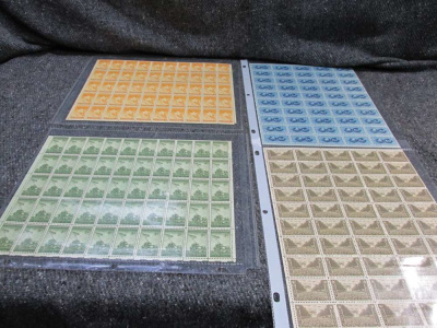 4 NEW OLD STOCK SHEETS OF WWII U.S. POSTAGE STAMPS, DATED 1945, 1948, 1955