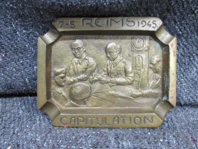 WWII BRASS ASHTRAY DEPICTING THE SIGNING OF THE GERMAN SURRENDER