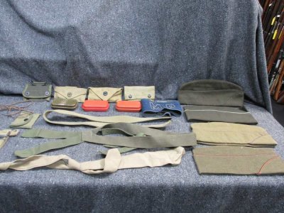 GREAT ORIGINAL GROUPING OF WWII ERA USGI POUCHES, CARLISLE BANDAGES, CAPS