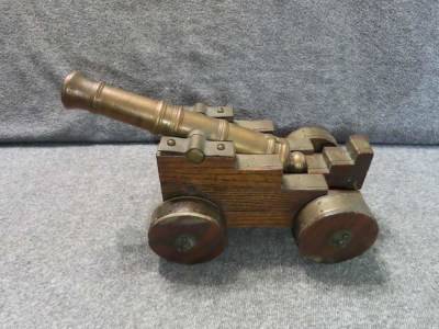 CAST BRASS BARREL NAVAL CANNON ON A ROLLING OAK CARRIAGE-BEAUTY