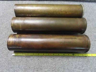 3-WWI FRENCH 75mm ARTILLERY SHELL CASINGS, ALL DATED 1916 & 1918
