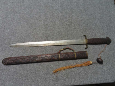 DECORATIVE CHINESE JIAN STYLE SWORD WITH CARVED WOOD SCABBARD