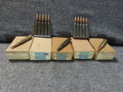 5 BOXES 75 ROUNDS WWII GERMAN 8mm MAUSER RIFLE AMMO-TROPICAL, TRACER, MORE