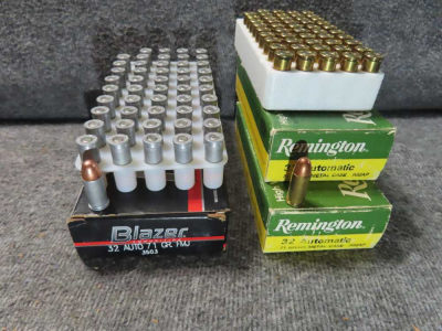 3 BOXES 150 ROUNDS REMINGTON & BLAZER MADE .32 AUTO CALIBER AMMUNITION