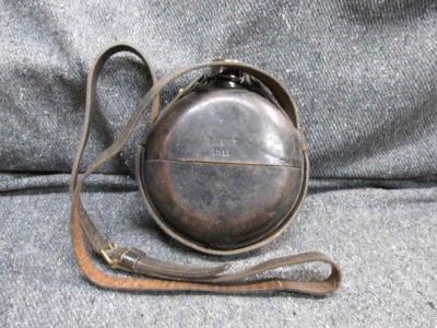 WWI ERA 1910 DATED LEATHER COVERED GLASS PORTUGUESE CANTEEN AND CARRY STRAP