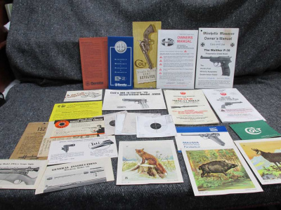 LOT OF MAUSER, RUGER, BERETTA AND MORE MANUALS, ADVERTISEMENTS, HANG TAG