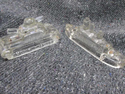 2-ORIGINAL WWII ERA GLASS SHIP & TANK CANDY CONTAINERS-NICE DISPLAY