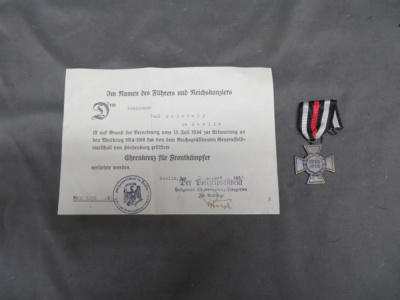 PRE WWII GERMAN 1914-1918 HONOR CROSS W/ SWORDS-& CERTIFICATE